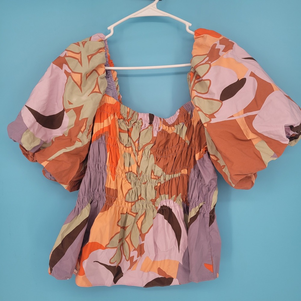 River Island Puff Sleeve Top Womens 20 Abstract Floral Smocked Cotton boho